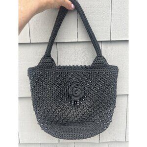 Vintage 60s black beaded crochet shoulder top handle bag flower hippie boho